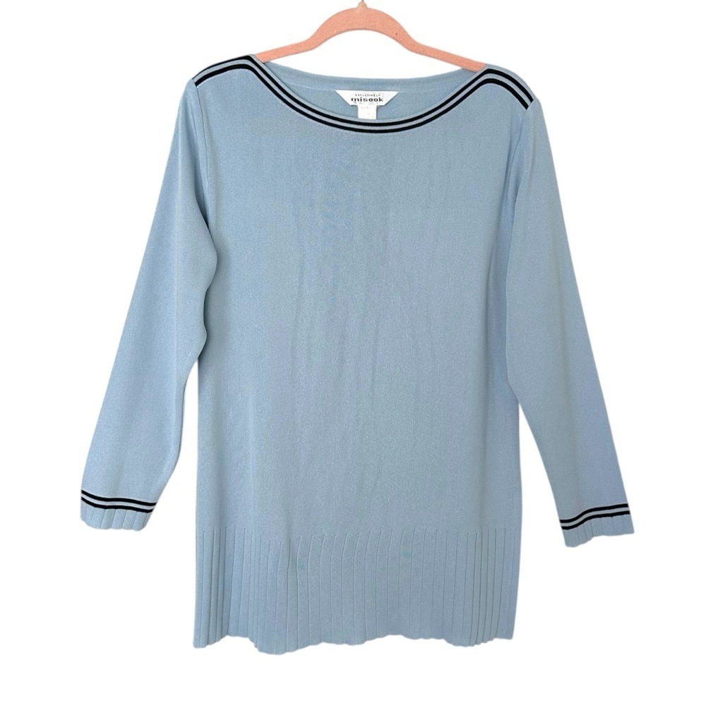 Exclusively Misook Light Blue Knit Tunic Sweater Boatneck Nautical Coastal M‎